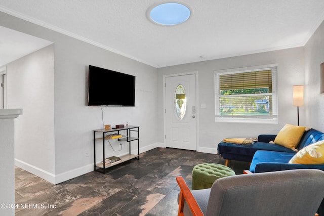 living room with crown molding