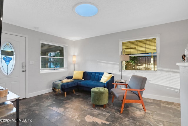 living room with a textured ceiling and ornamental molding