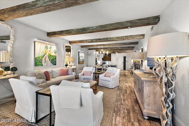 living room with a notable chandelier, beamed ceiling, and wood-type flooring