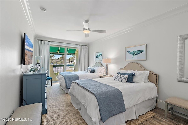 bedroom featuring ceiling fan, wood-type flooring, crown molding, and access to exterior