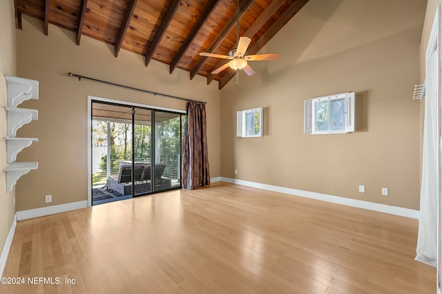 unfurnished living room featuring beam ceiling, a wealth of natural light, wood ceiling, and light hardwood / wood-style floors