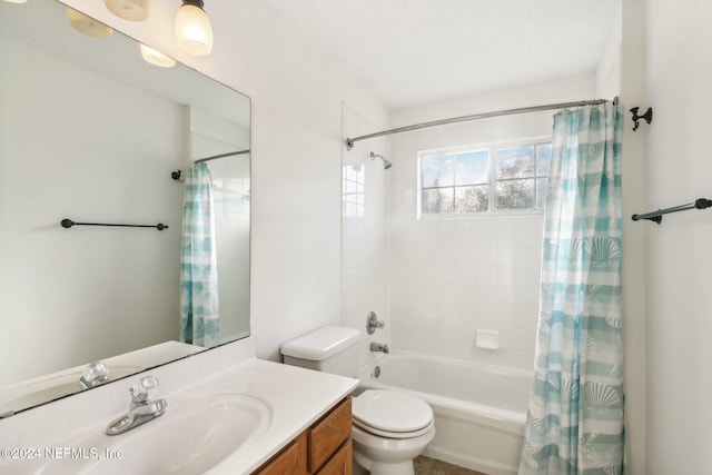 full bathroom featuring shower / bath combination with curtain, toilet, and vanity