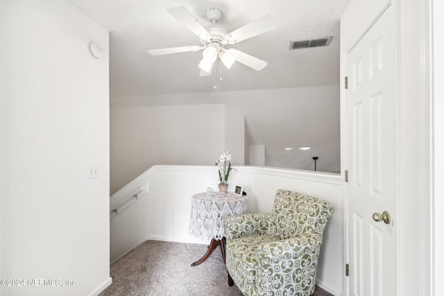 living area with ceiling fan, carpet, and a textured ceiling