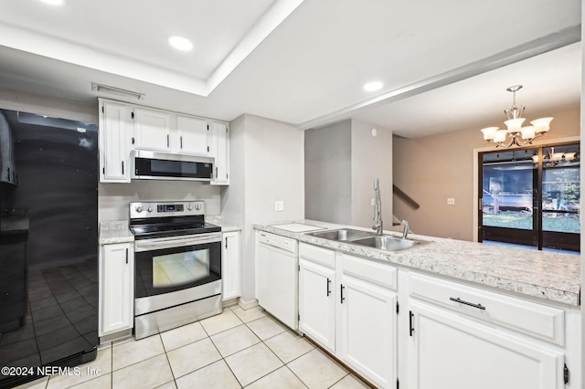 kitchen with white cabinetry, a chandelier, sink, and stainless steel appliances