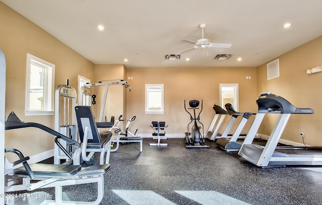 workout area featuring ceiling fan