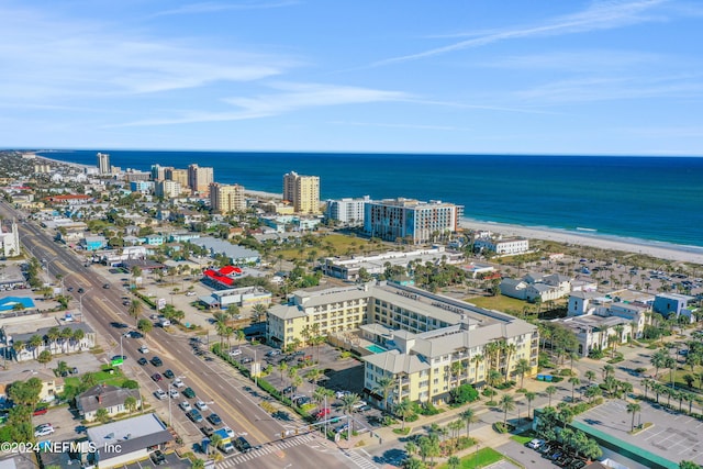 drone / aerial view with a water view and a view of the beach