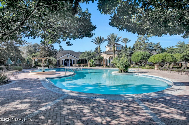 view of swimming pool with a patio