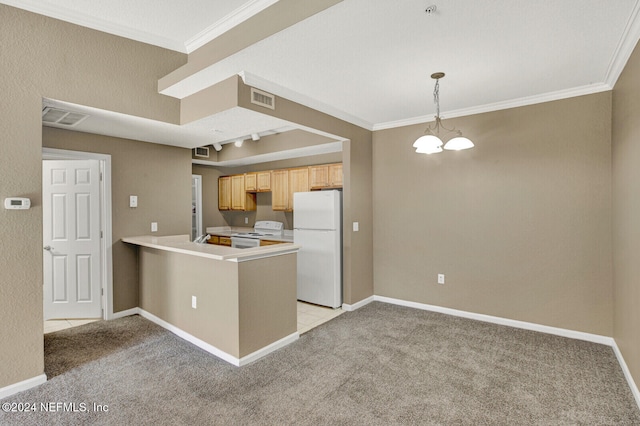 kitchen with light carpet, decorative light fixtures, white appliances, and an inviting chandelier