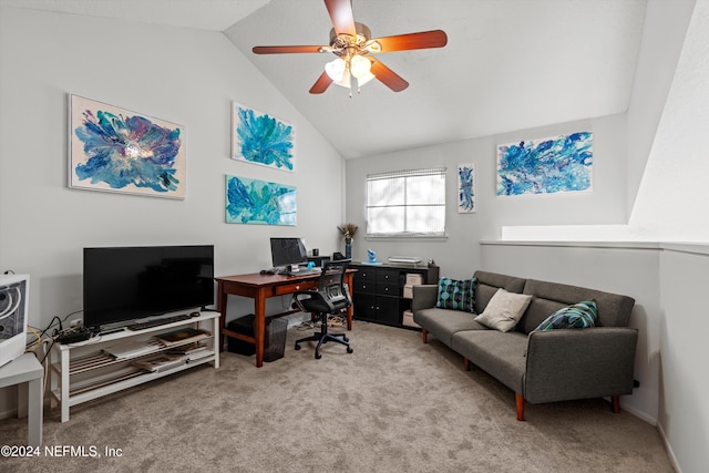 office featuring light carpet, vaulted ceiling, and ceiling fan