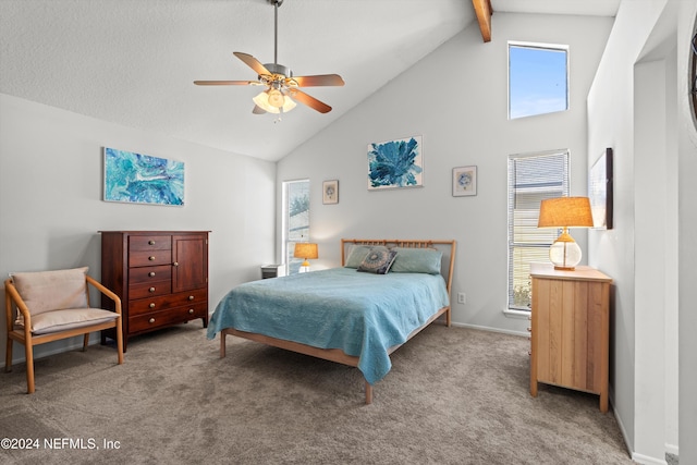 carpeted bedroom featuring beamed ceiling, ceiling fan, and high vaulted ceiling