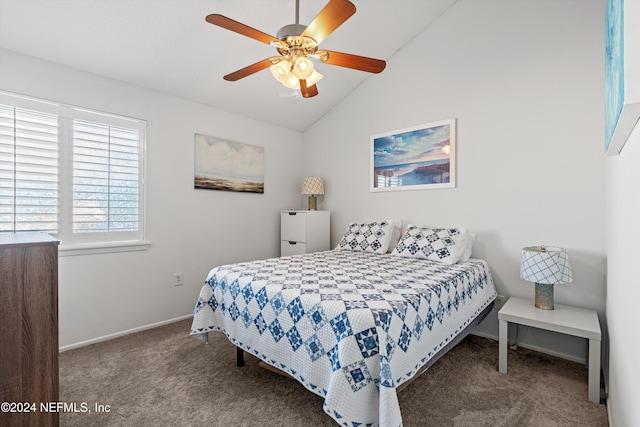 bedroom with carpet flooring, ceiling fan, and lofted ceiling