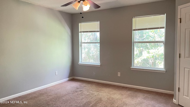 carpeted empty room with a wealth of natural light and ceiling fan