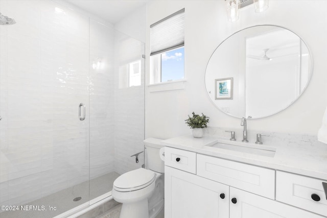 bathroom with vanity, an enclosed shower, and toilet