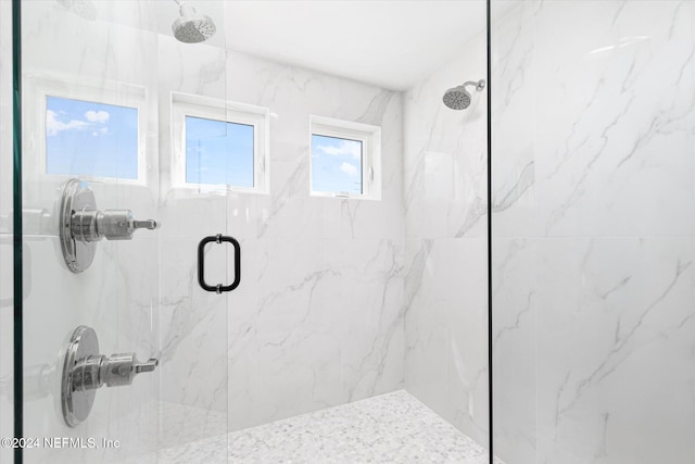 bathroom with a shower with shower door