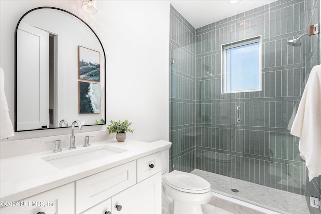 bathroom featuring vanity, toilet, and a shower with door