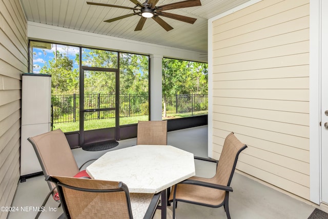 sunroom / solarium featuring ceiling fan and wooden ceiling