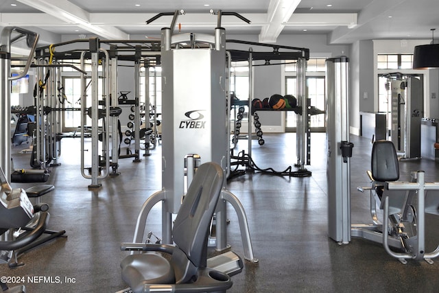 gym with coffered ceiling