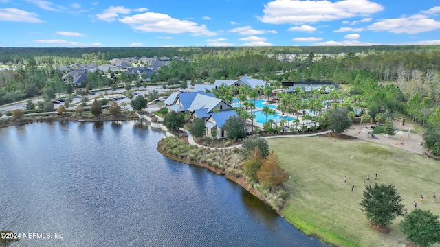 birds eye view of property featuring a water view