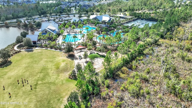 birds eye view of property featuring a water view