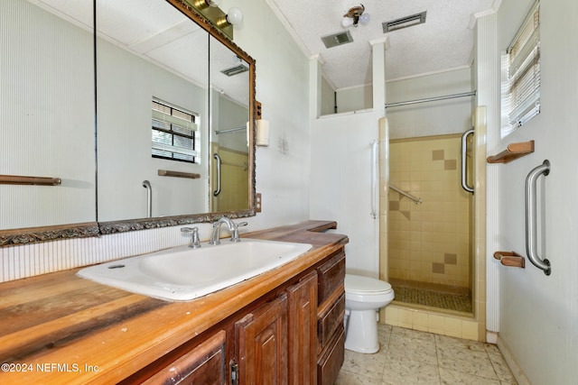 bathroom featuring a shower with door, vanity, a textured ceiling, and toilet