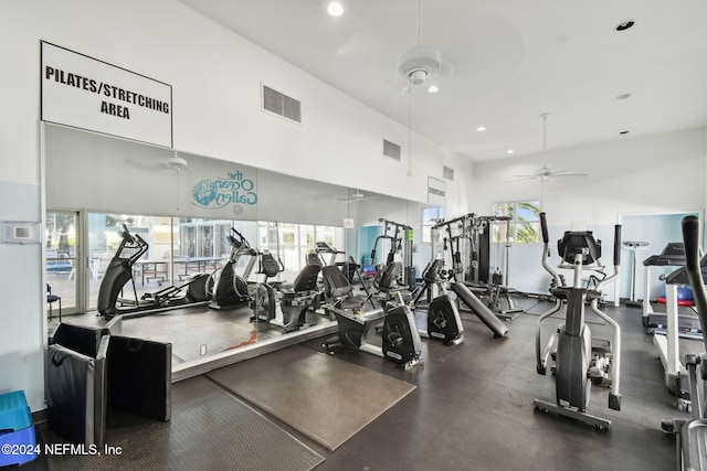 gym featuring ceiling fan