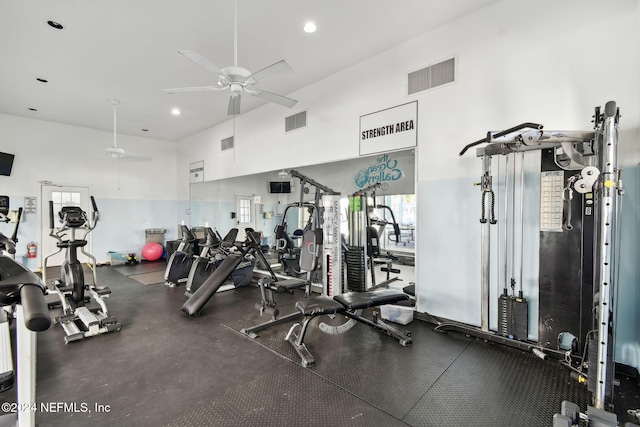 gym featuring ceiling fan