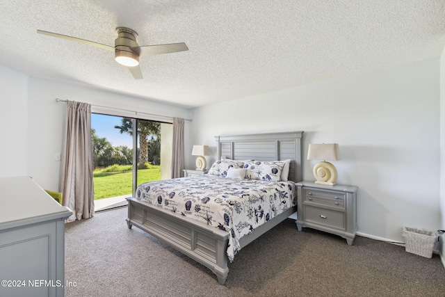 carpeted bedroom with access to exterior, a textured ceiling, and ceiling fan