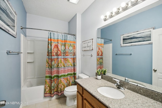 full bathroom with a textured ceiling, vanity, shower / bathtub combination with curtain, tile patterned flooring, and toilet