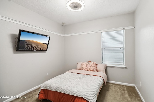 carpeted bedroom with a textured ceiling