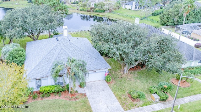 drone / aerial view featuring a water view