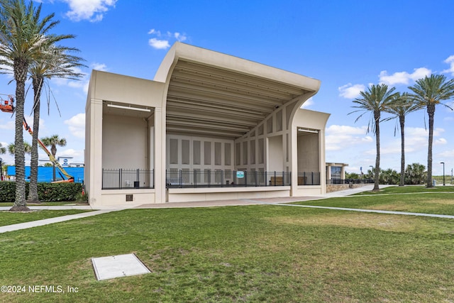 view of building exterior with a water view