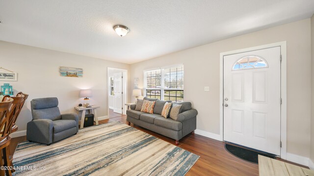 living room with dark hardwood / wood-style floors and a textured ceiling