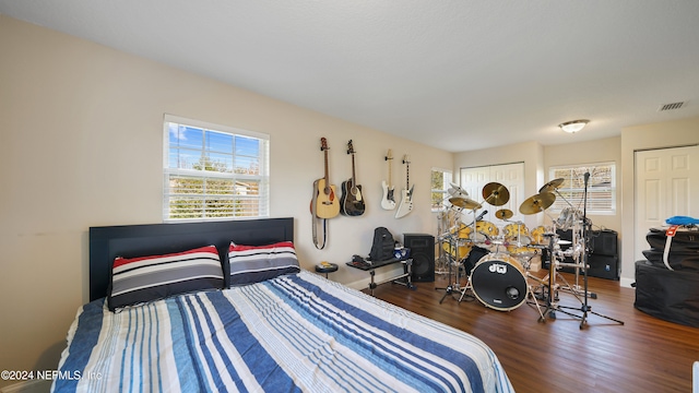 bedroom featuring multiple windows and dark hardwood / wood-style floors