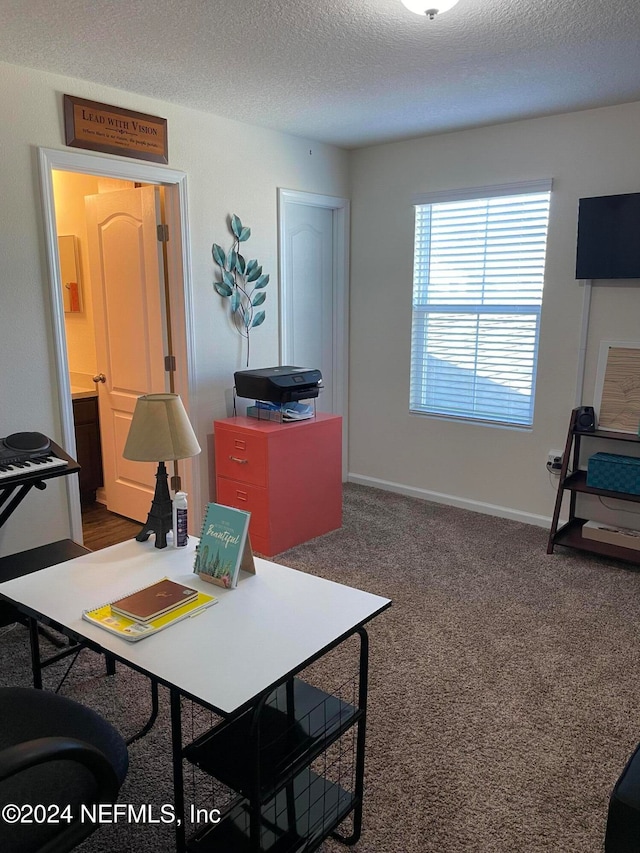 office space featuring a textured ceiling and dark carpet