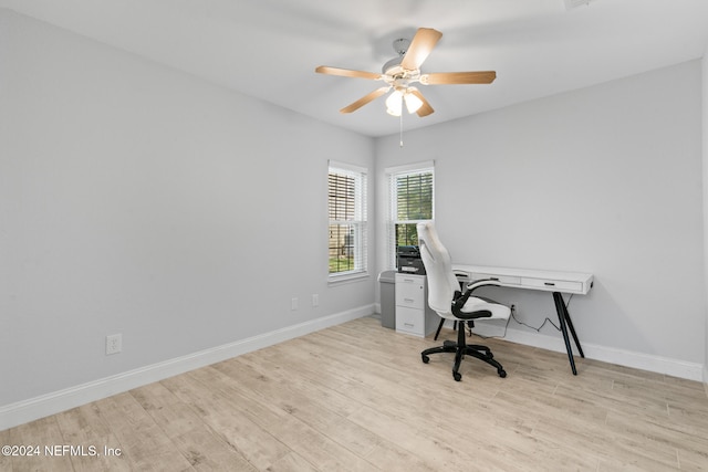 office area with ceiling fan and light wood-type flooring