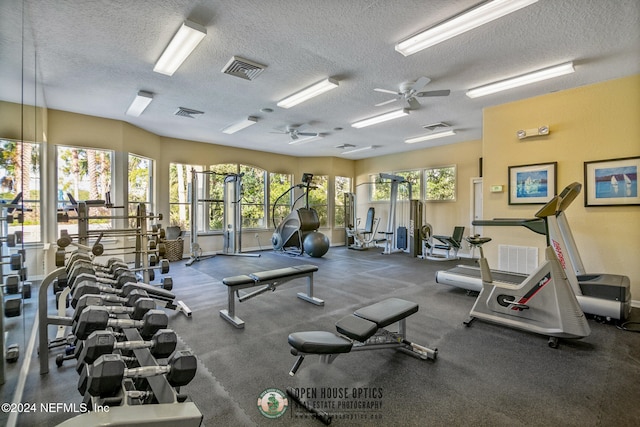 workout area featuring ceiling fan, plenty of natural light, and a textured ceiling