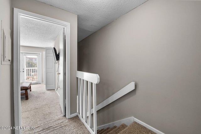 staircase with carpet and a textured ceiling