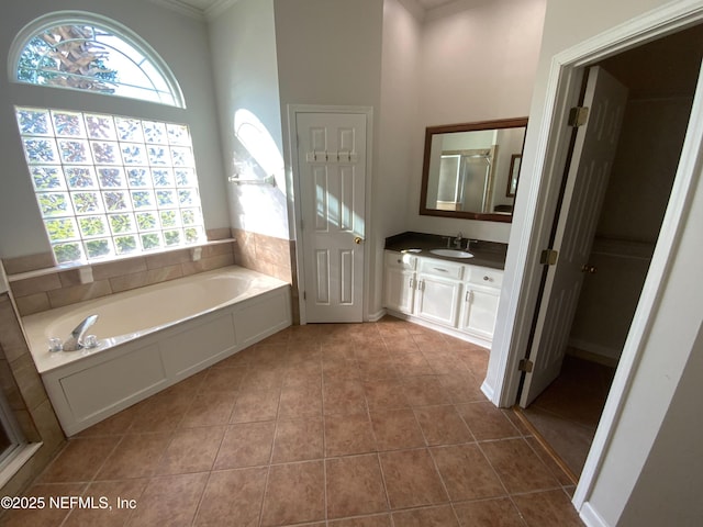 9767 Brockham Ct, Jacksonville, FL 32221 - full bathroom featuring crown molding, plenty of natural light, tile patterned floors, vanity, and a bath