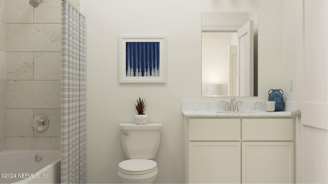 full bathroom featuring shower / tub combo with curtain, vanity, and toilet