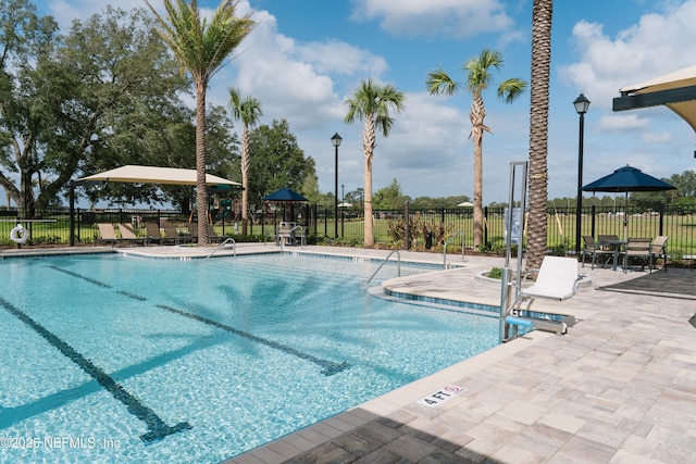 view of swimming pool featuring a patio area