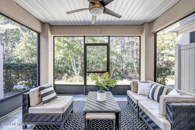 sunroom with a wealth of natural light, wooden ceiling, and ceiling fan