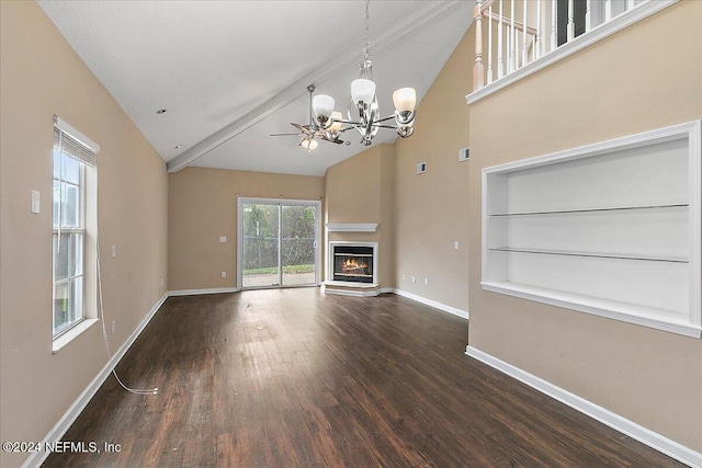 unfurnished living room featuring built in shelves, beamed ceiling, high vaulted ceiling, dark hardwood / wood-style floors, and a chandelier