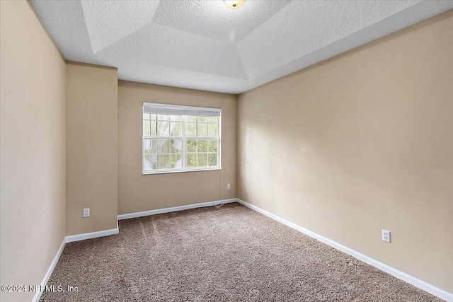 unfurnished room with lofted ceiling, carpet floors, and a textured ceiling