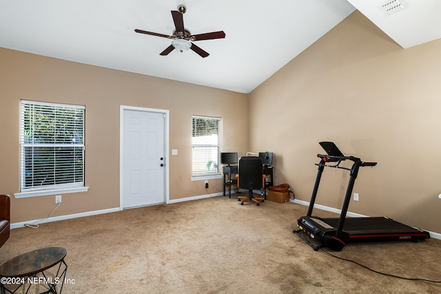 exercise room with carpet floors, ceiling fan, and lofted ceiling