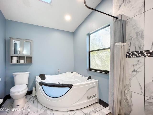 bathroom featuring separate shower and tub, lofted ceiling, and toilet