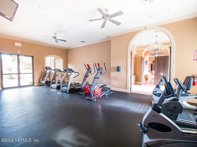 exercise room featuring crown molding and ceiling fan with notable chandelier