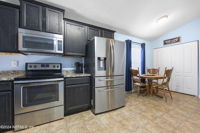 kitchen with appliances with stainless steel finishes, a textured ceiling, stone countertops, and lofted ceiling