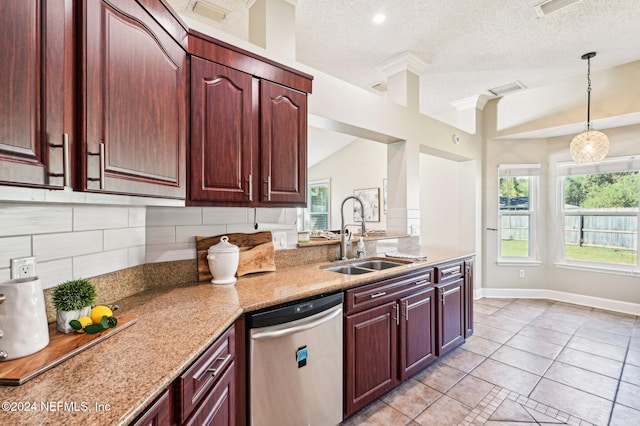 kitchen with sink, vaulted ceiling, stainless steel dishwasher, decorative backsplash, and a textured ceiling