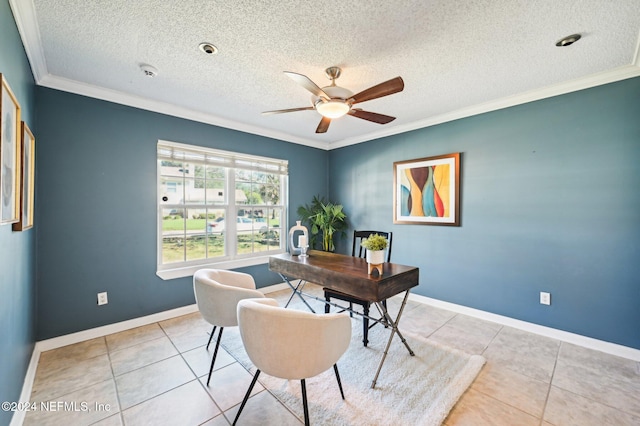 office area with ceiling fan, light tile patterned flooring, crown molding, and a textured ceiling