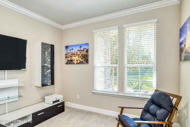 sitting room with a textured ceiling, a healthy amount of sunlight, light colored carpet, and crown molding